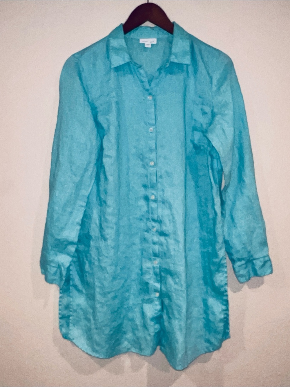 J. Jill Love Linen long-sleeve button-front tunic shirt size Medium aqua blue